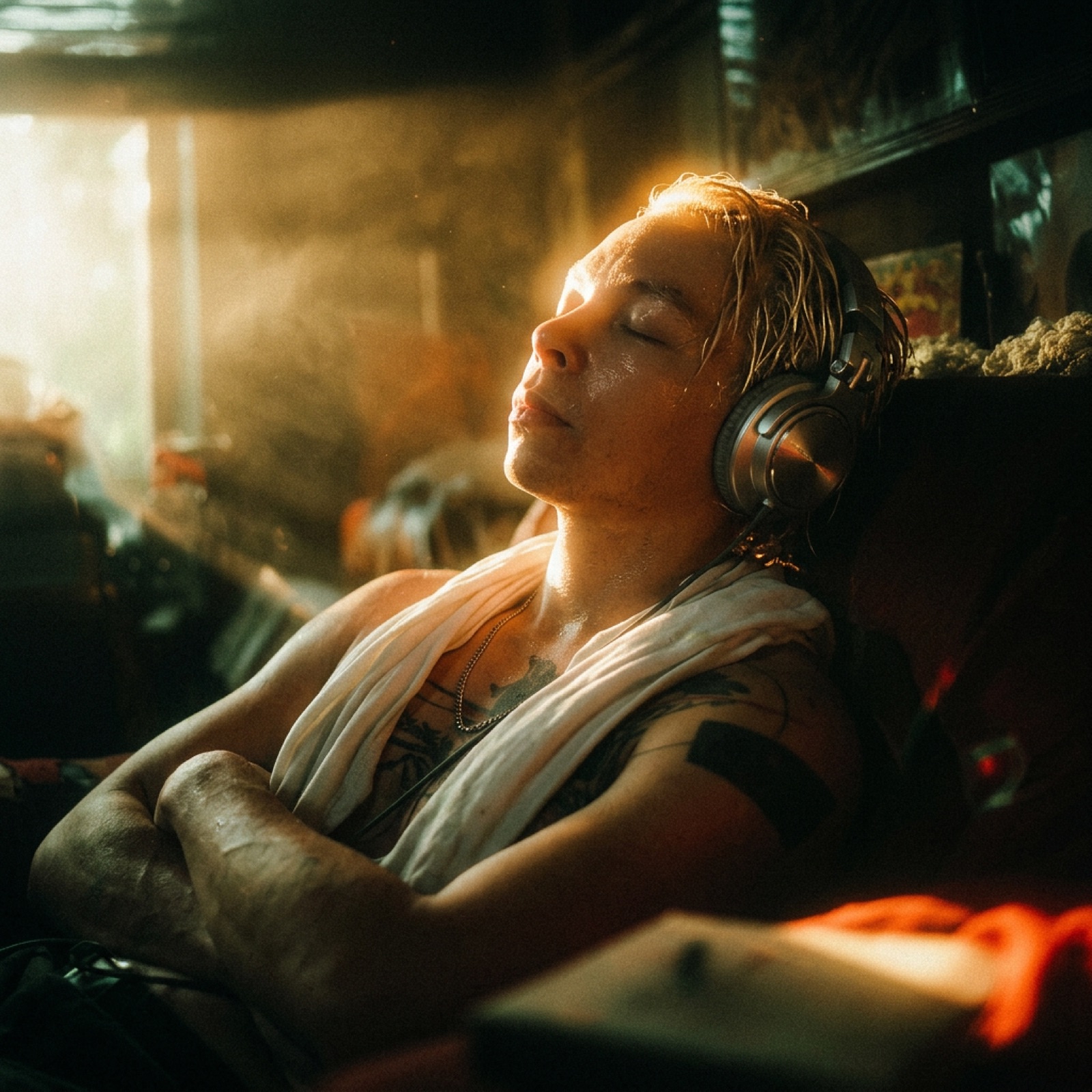 Kaelum resting with headphones on, eyes closed in warm light